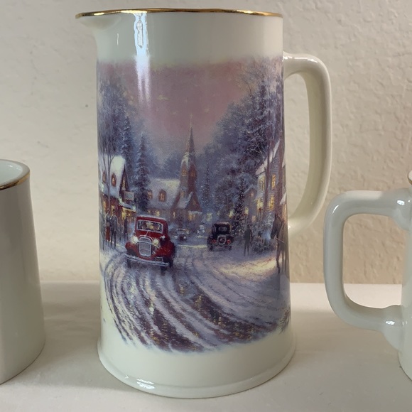 Thomas Kinkade Hallmark Pitcher and 2 coffee mugs Christmas Holiday - Picture 2 of 12